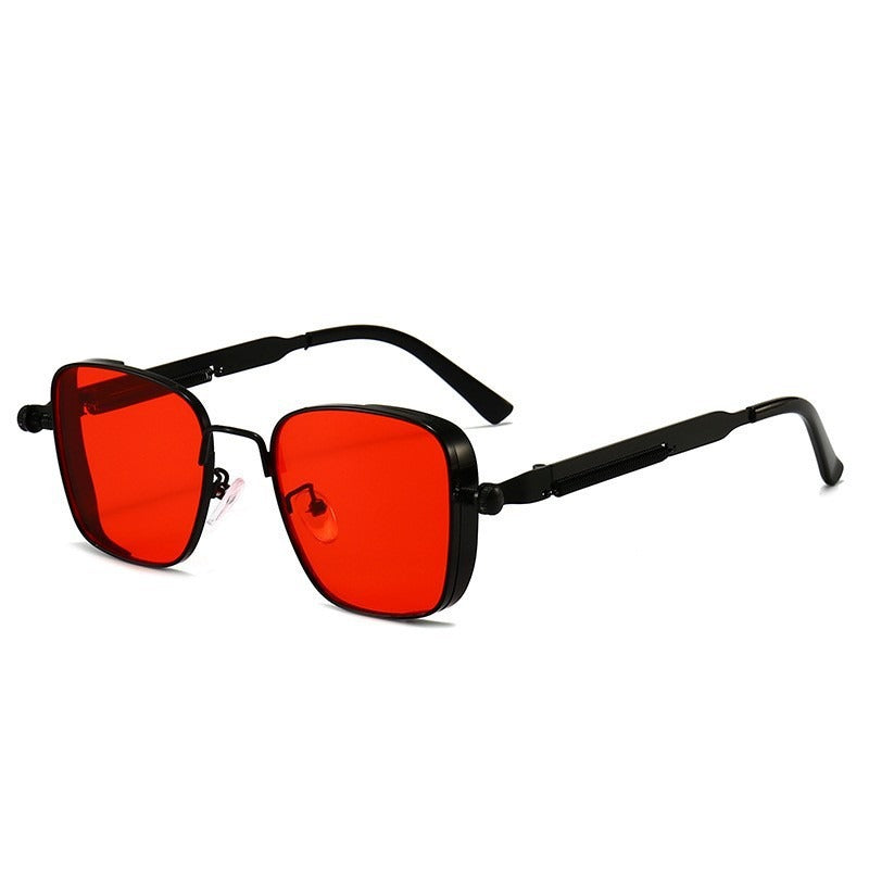 Black square sunglasses with red tinted lenses and black temple arms