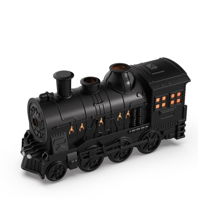 Black train aromatherapy diffuser with LED-lit windows and flame design, angled view