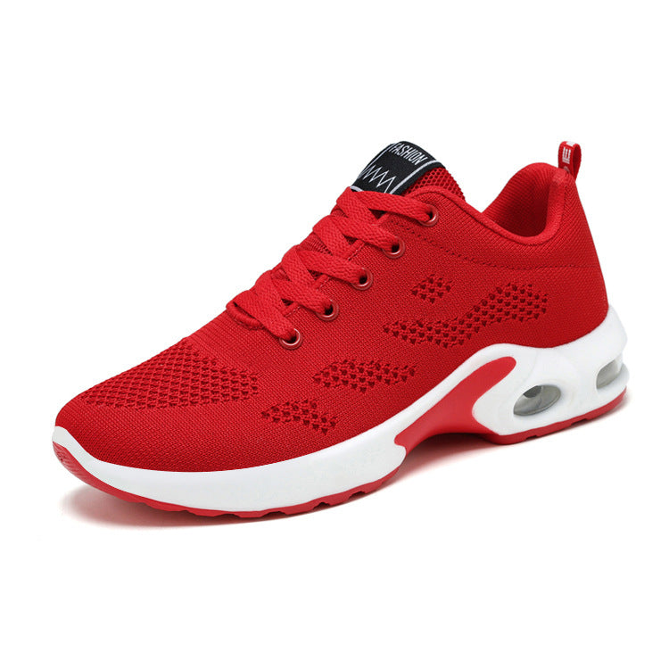 Red lace-up knit running shoe with white air-cushion sole and breathable mesh upper