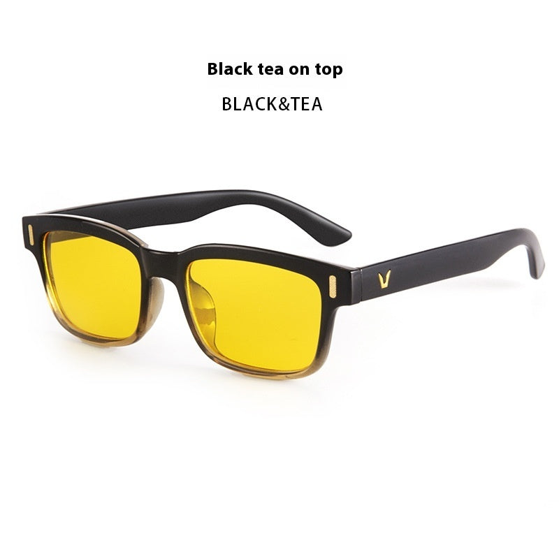 Small rectangular sunglasses with black tea frame and yellow lenses, side view.