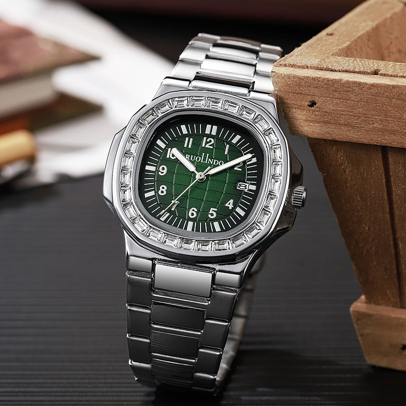 Men's stainless steel quartz wrist watch with green dial and silver metal bracelet