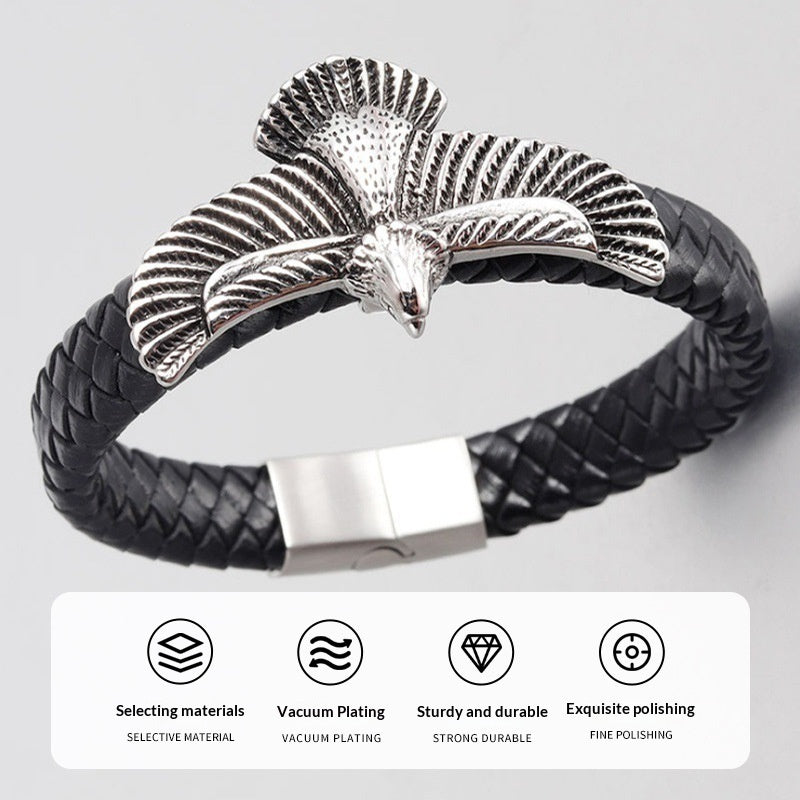 Black braided leather eagle bracelet with silver eagle motif and square metal clasp