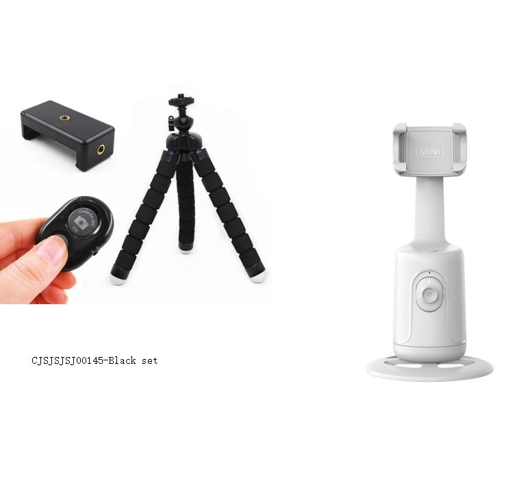 Black set with remote and tripod plus white 360 face-tracking phone stabilizer