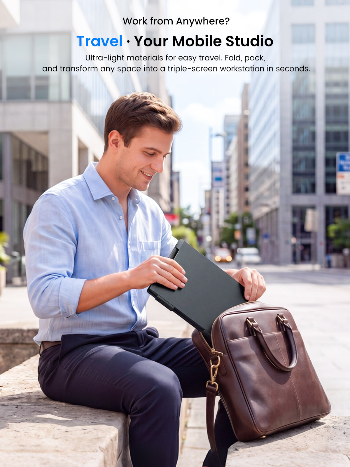 Travel portable triple display folded on the go as a man sets it up