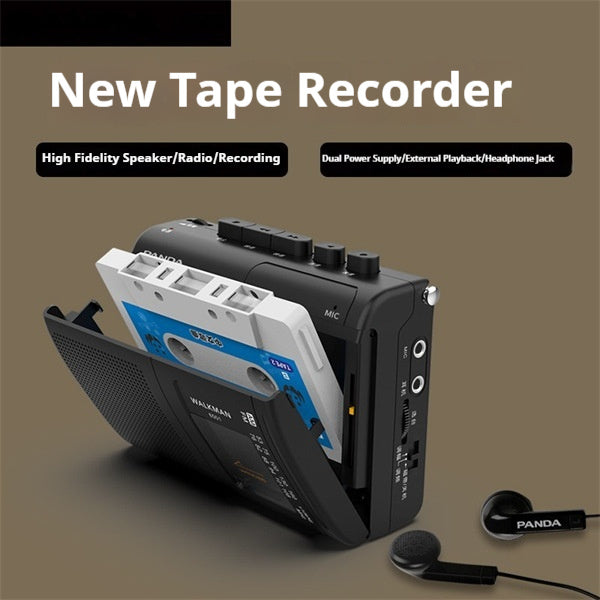 Black cassette tape recorder player with speaker grille and control buttons, headphone mic