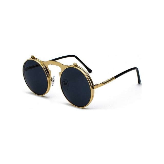 Round flip-up sunglasses with gold frame and dark tinted lenses