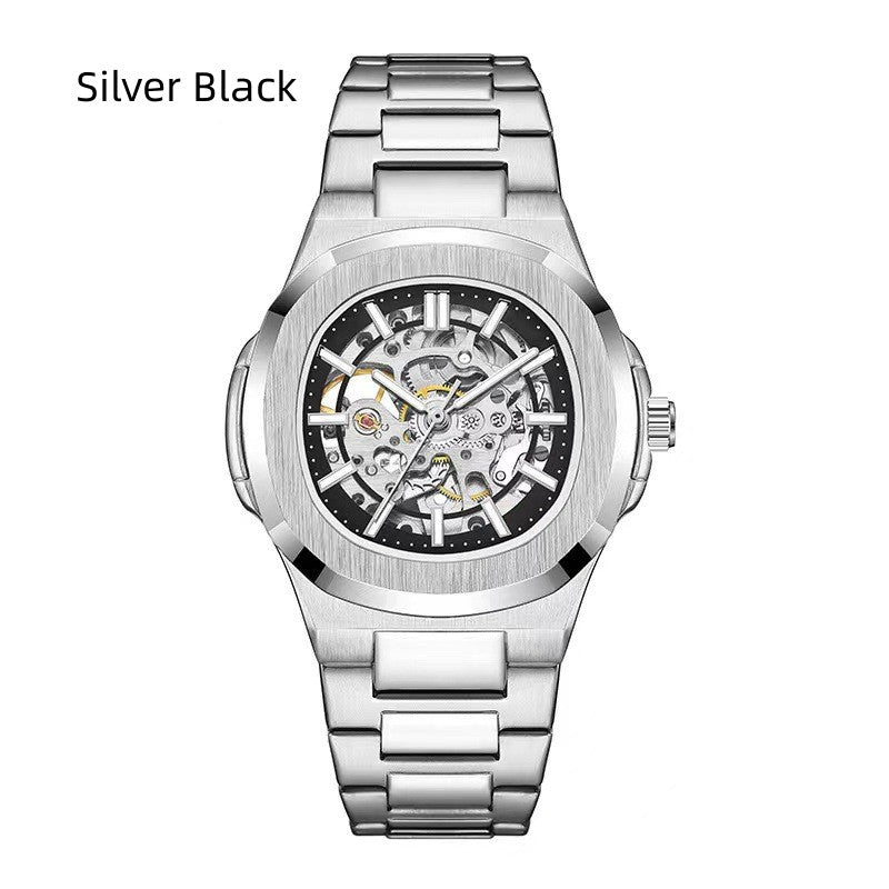 Men's mechanical skeleton watch with silver metal bracelet and black open-work dial