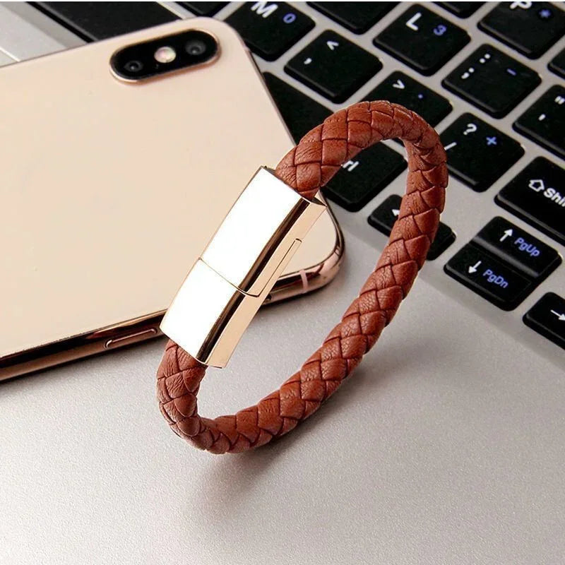 Brown braided charging bracelet cable with metal connector tab