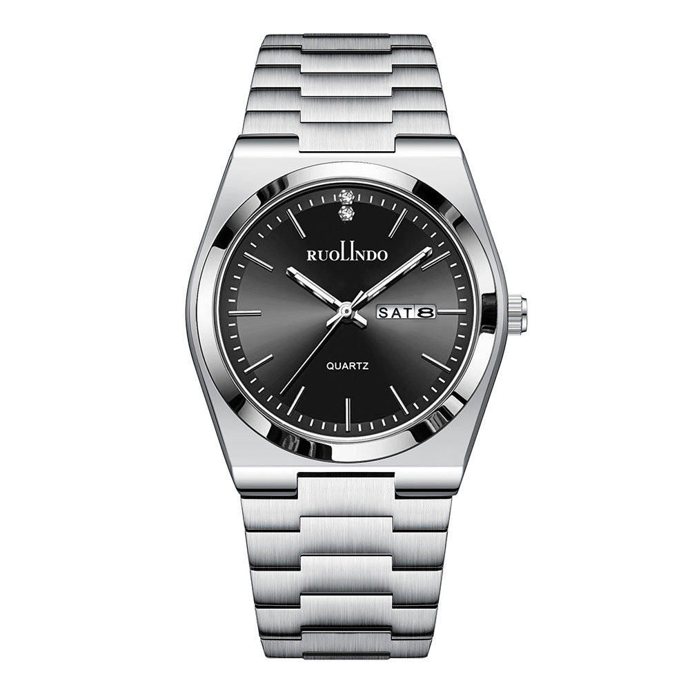 Day-date quartz watch with black dial, silver bezel and bracelet, date window at 8