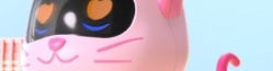 Pink pet robot cat head with black eye visor and smiling cat face