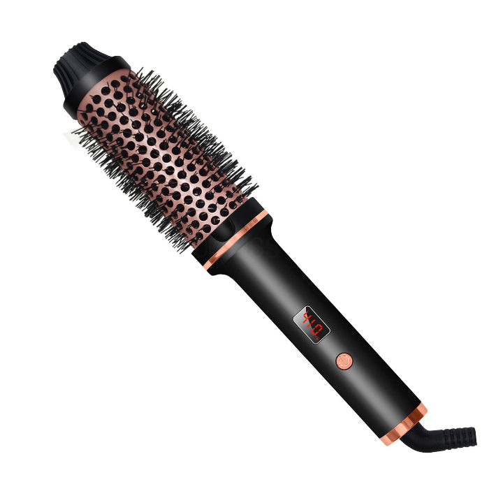 Black hot air hair curler straight comb with copper-toned heated pins and auto handle