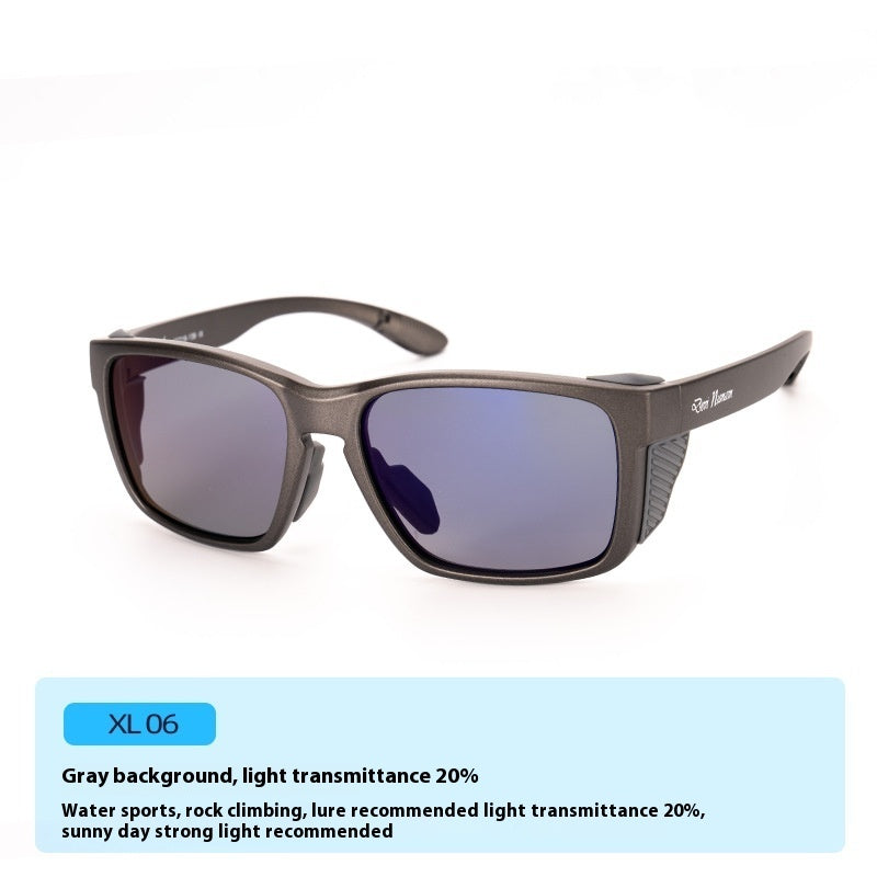 Polarized sunglasses with dark gray lenses and dark gray frame, sporty wrap fit