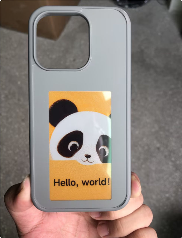 Gray E-ink screen phone case with panda graphic in display window