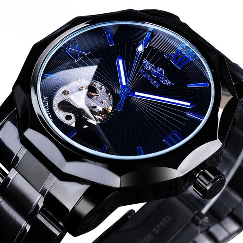 Men's mechanical watch, black dial with blue Roman numerals, steel case, black bracelet