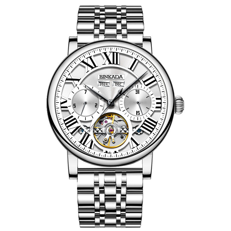 Men's automatic mechanical watch with silver steel bracelet and white dial with subdials