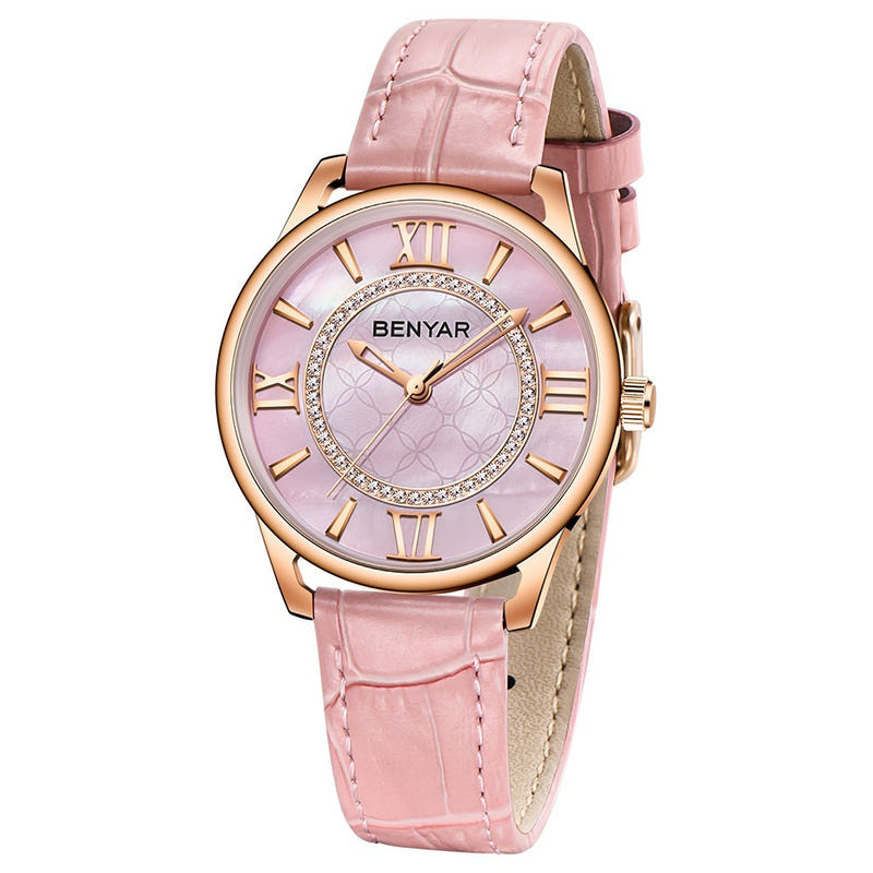 Quartz watch with rose-gold case, pink leather strap, pale pink dial, Roman numerals, BENYAR