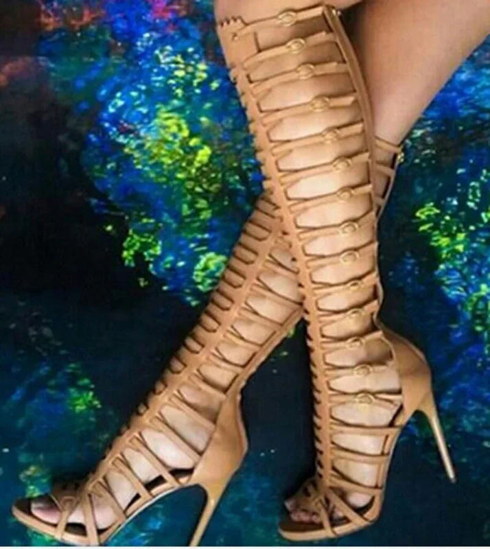 Knee-high gladiator stiletto sandals in khaki, strappy cutouts and stiletto heel