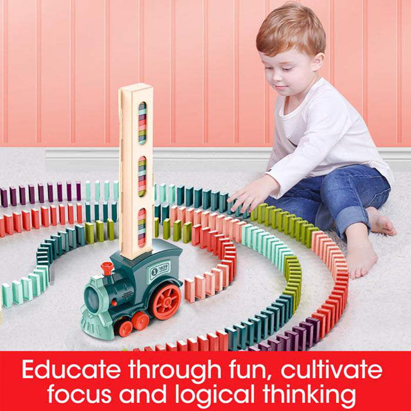 Domino train puzzle toy with colorful track and green base locomotive