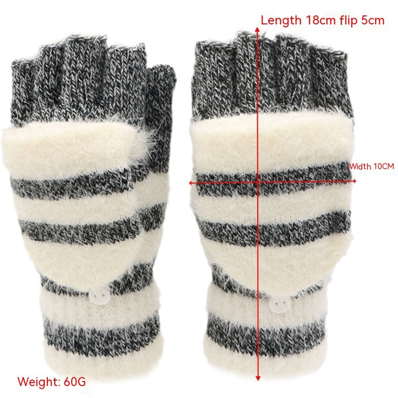 Knit flip half-finger gloves, dark gray-and-cream striped with fuzzy flip top