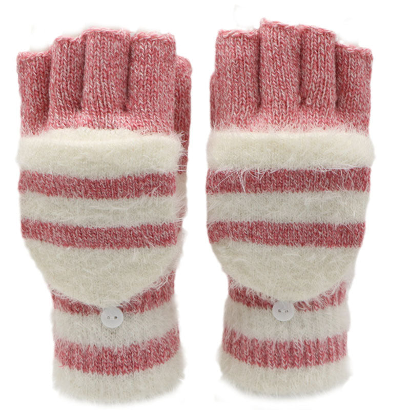 Knit flip half-finger gloves with pink-and-cream striped knit and snap wrist detail