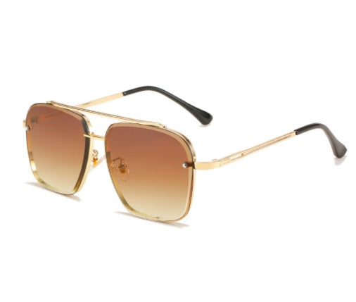 Men's sunglasses with double bridge metal frame and amber lenses, side view