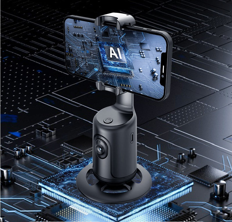 Black AI phone holder with smartphone mounted, circuit-board background