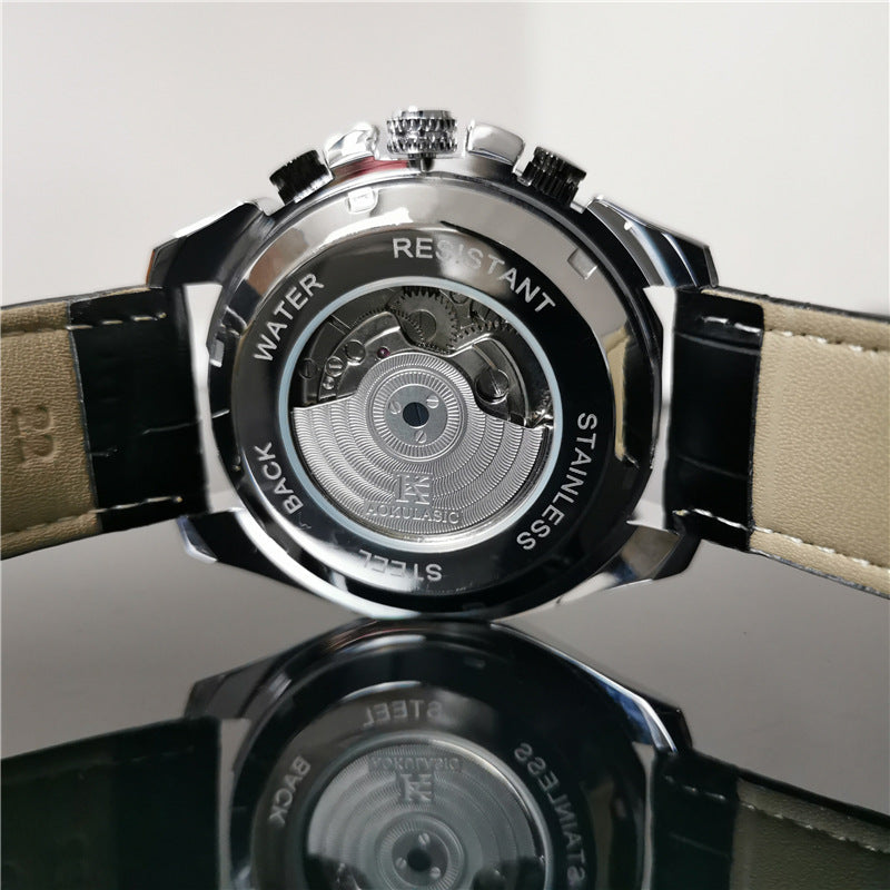 Men's automatic mechanical watch with stainless case and black leather strap, see-through back