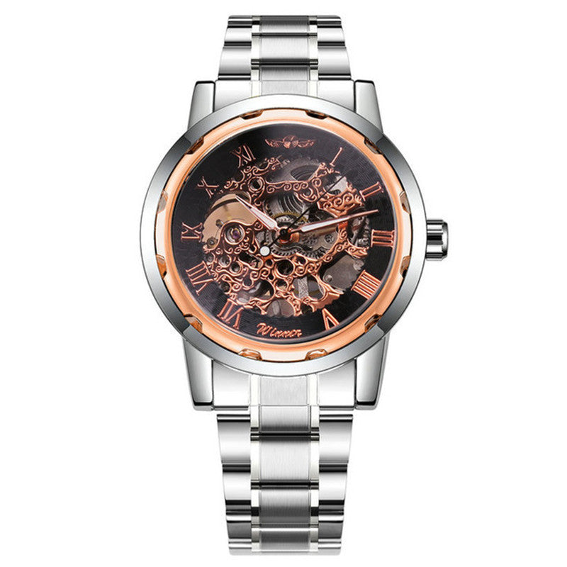 Mechanical watch with rose-gold tone dial, Roman numerals, and stainless steel bracelet