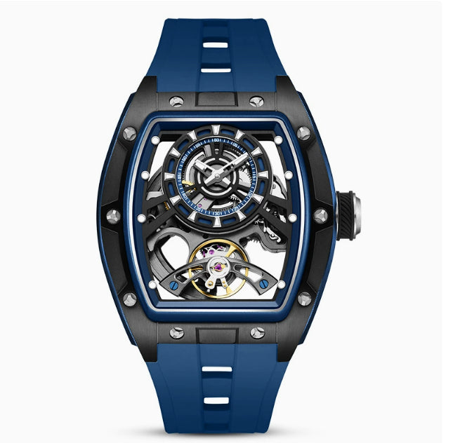 Barrel-shaped transparent automatic mechanical watch with blue rubber band and silver case