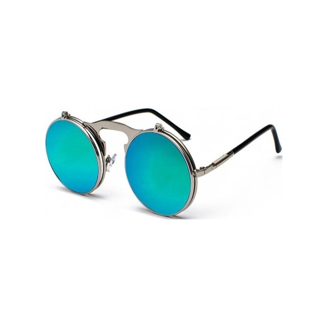 Round flip-up sunglasses with silver frame and teal mirror lenses