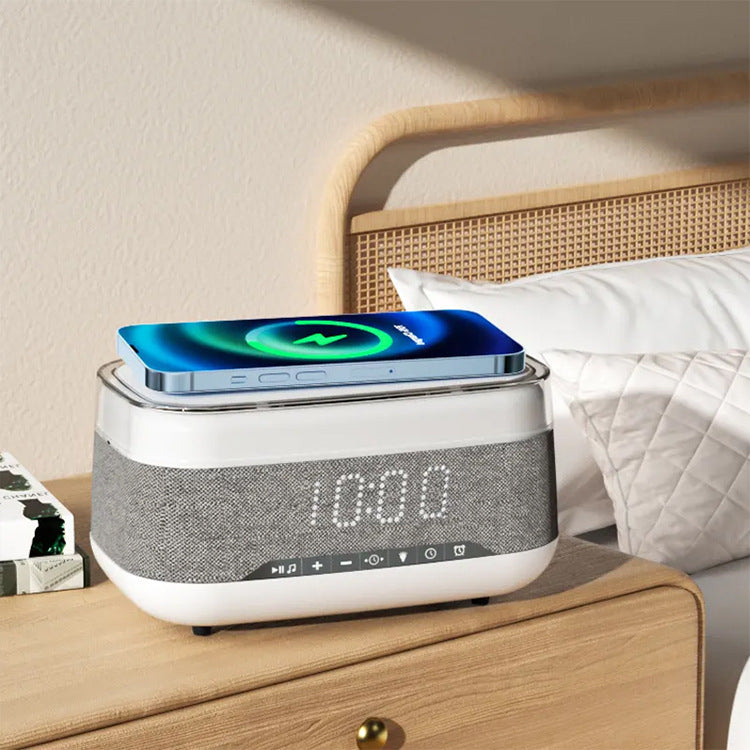 White and gray smart alarm clock Bluetooth speaker on stand with LED time display