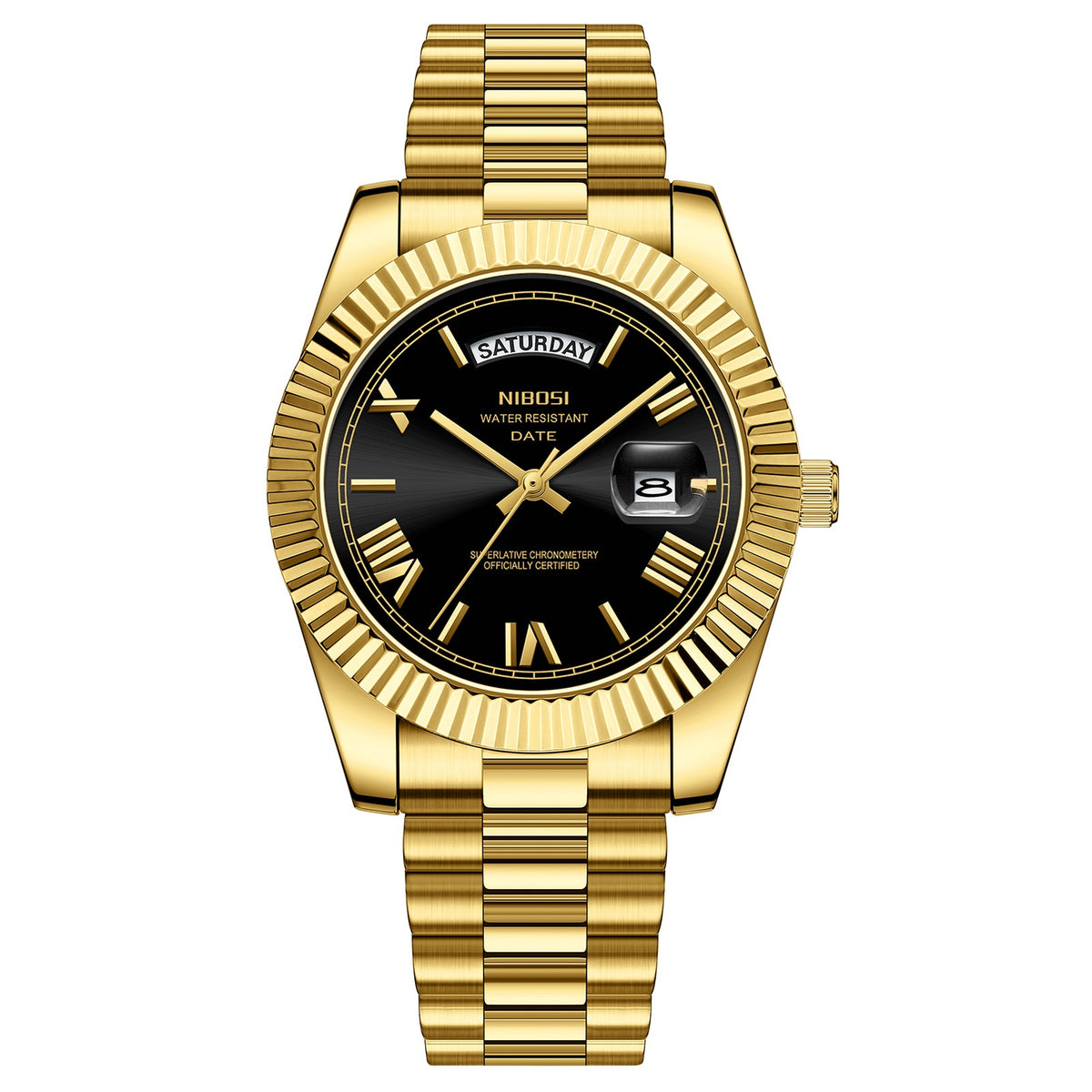 Men's quartz watch with gold steel bracelet and black dial, Roman numerals, date window