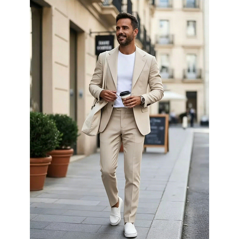 Men's beige single-breasted suit jacket and matching trousers, tailored two-piece