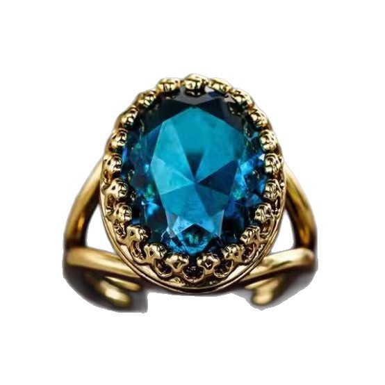 Gold court-style ring featuring an oval teal-blue gemstone and decorative scalloped frame