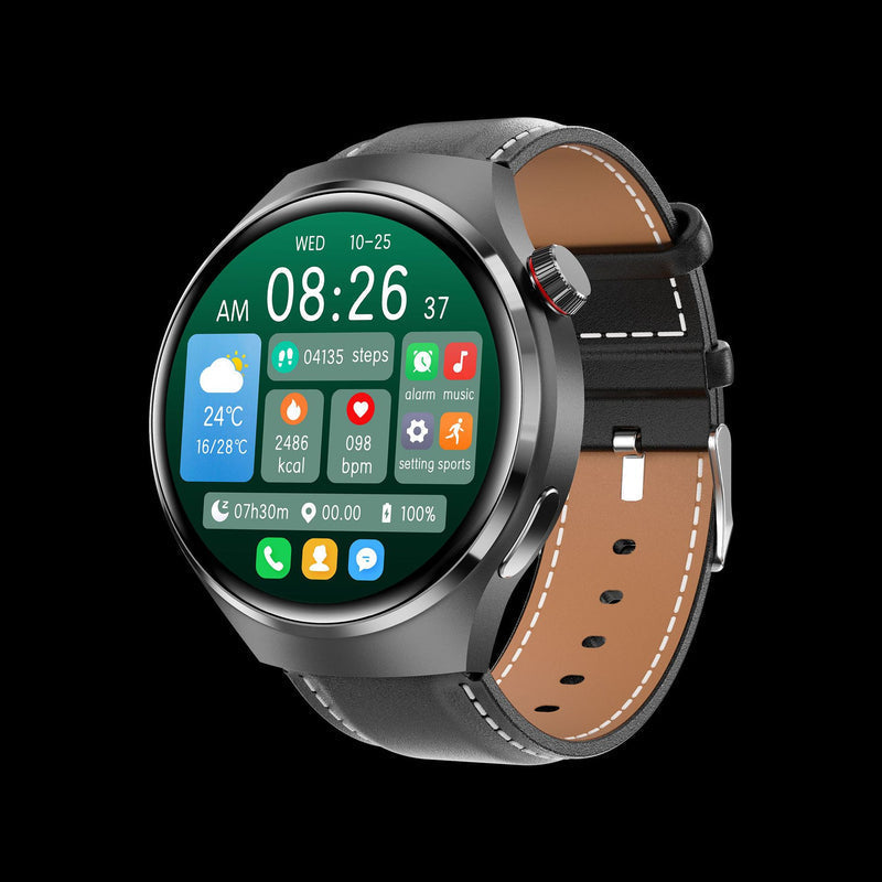 Dark round smartwatch with black leather-style strap and green information display