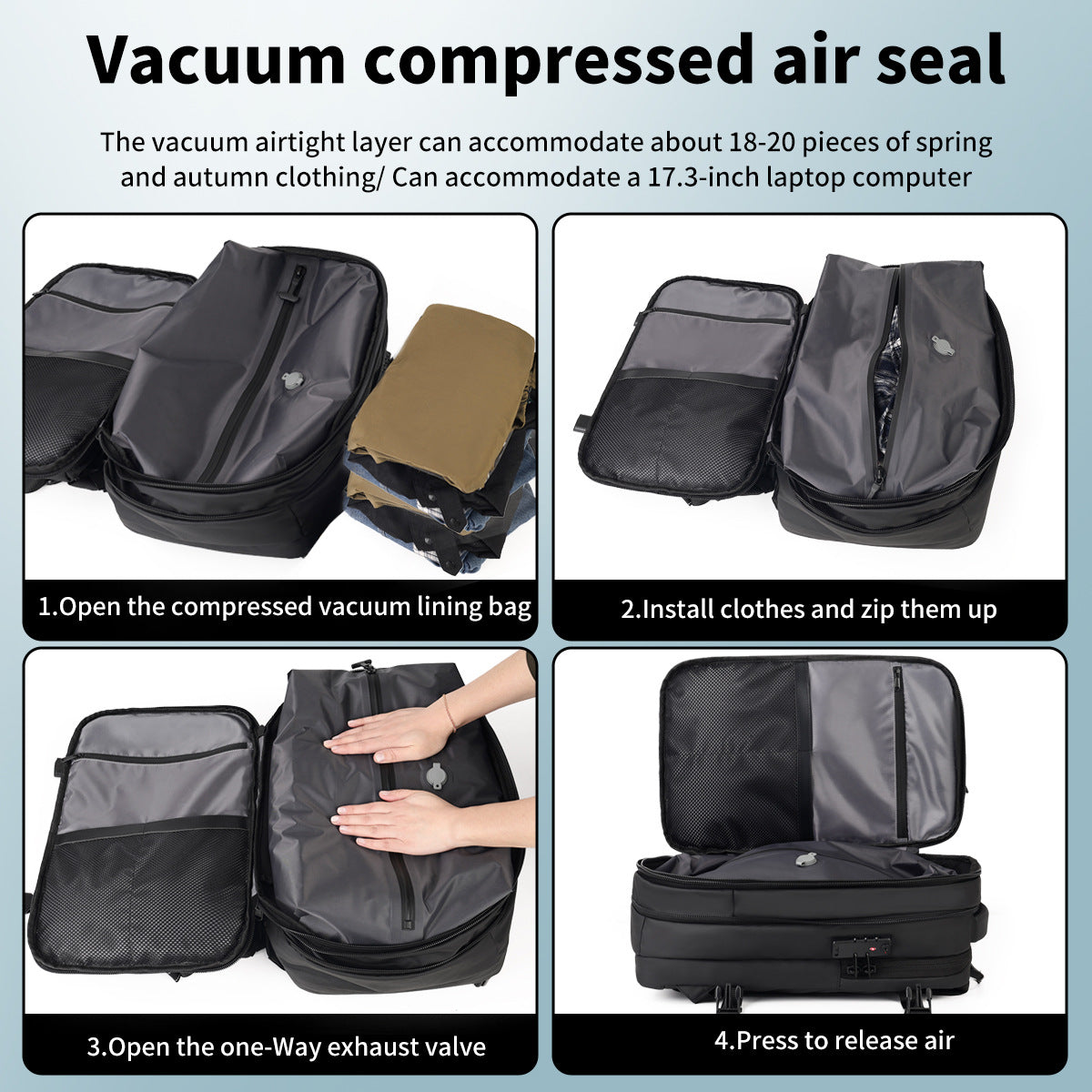 Vacuum compression storage bags with one-way valve and zip closure
