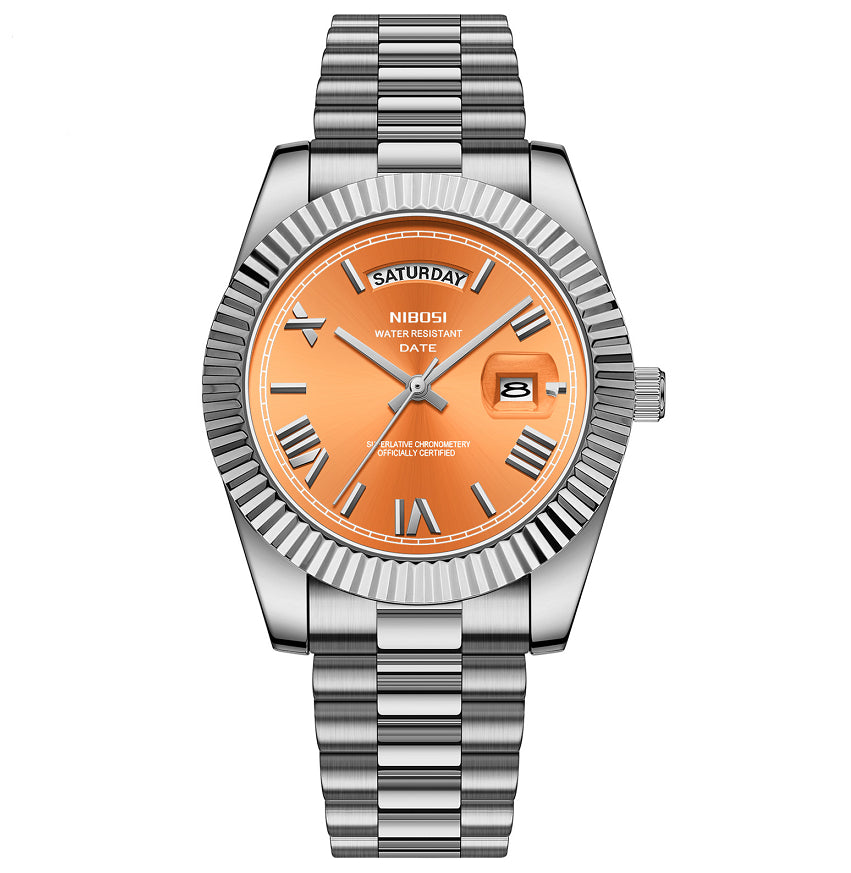 Men's quartz watch with silver steel bracelet, orange dial, gold hands and day-date window
