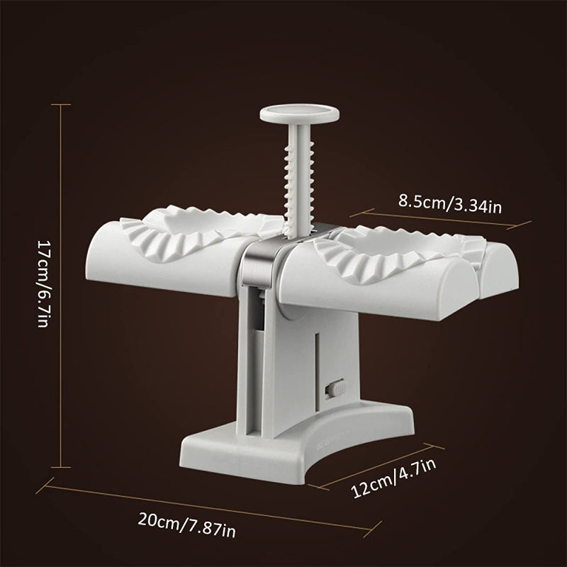 White dumpling maker with two side crimping rollers and size markings