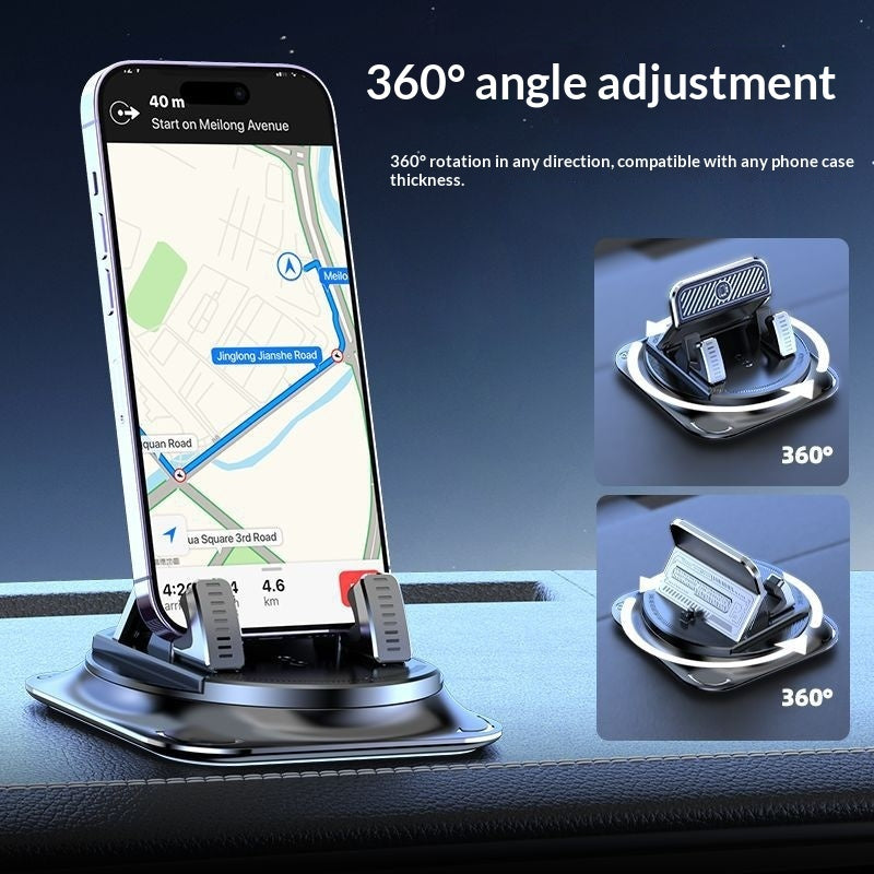 Rotating dashboard phone holder showing 360° angle adjustment and case-compatible grips