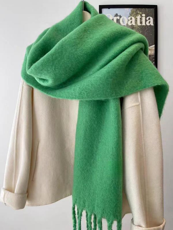 Women's wool-like scarf, green, fringed ends, draped front panel with a thick folded edge