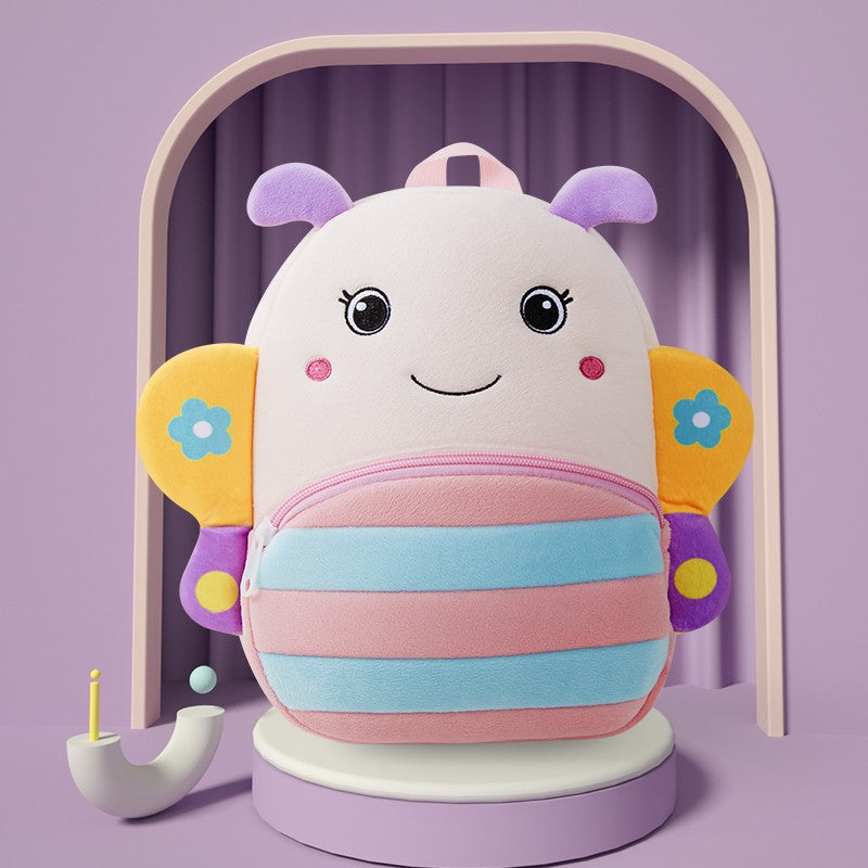 Plush animal-shaped kids backpack with purple ears, front zip pocket, pink/blue stripes