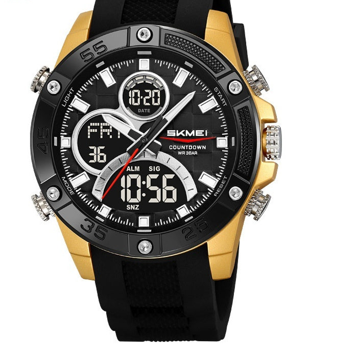 Men’s waterproof digital watch with black dial, gold bezel, and black rubber strap
