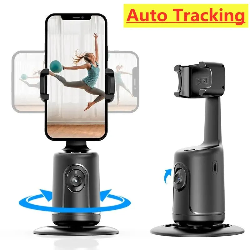 Black AI face tracking phone holder with clamp and circular base stand, auto tracking view