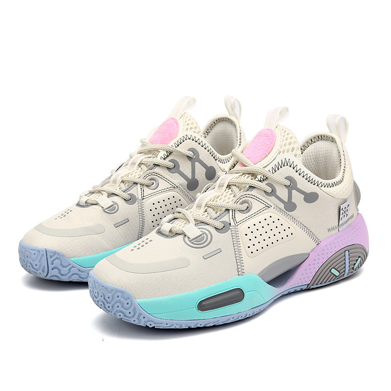 Men's basketball shoes, cream upper with gray panels, pink heel, and teal outsole