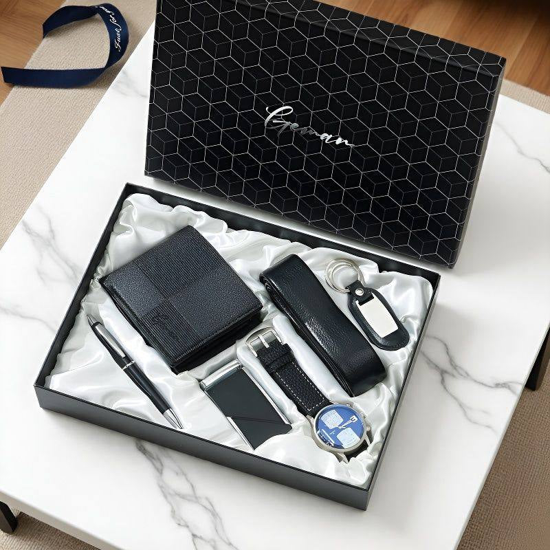 Men's gift set in black geometric box, white tray with wallet, belt, watch, pen, keychain, card