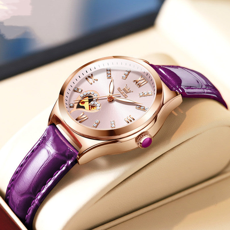 Rose gold automatic mechanical watch with purple leather strap, white crystal dial