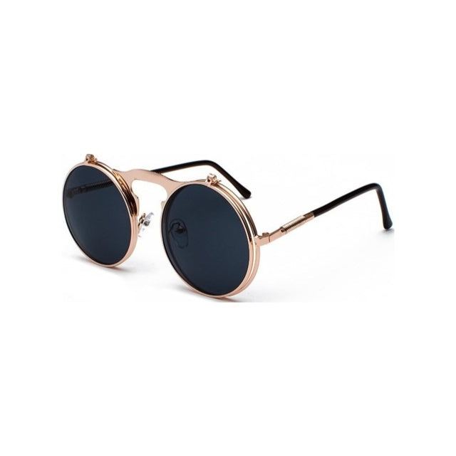 Round flip-up sunglasses with rose-gold frame and dark tinted lenses