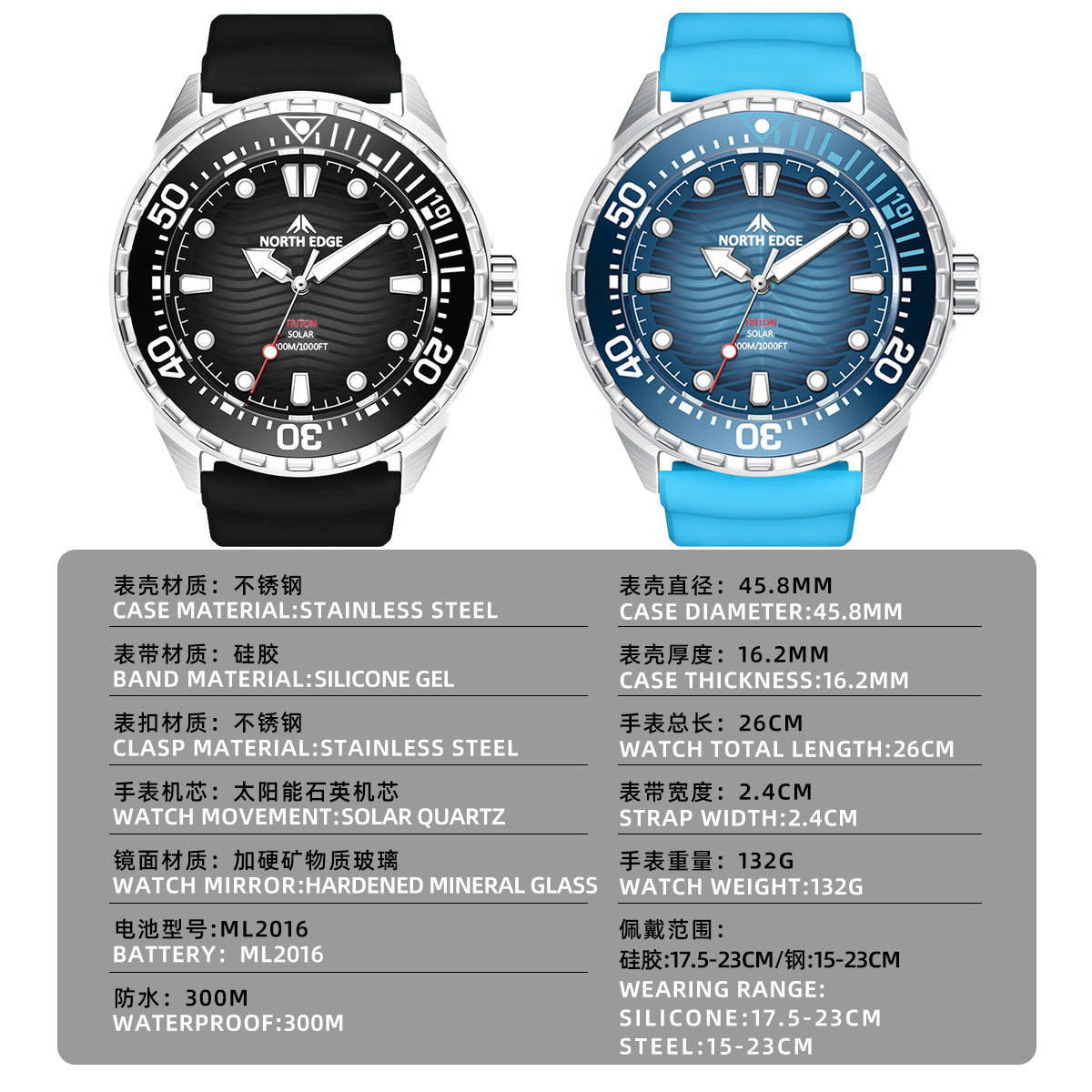 Solar dive watch with black and blue dials, silicone straps, stainless steel cases