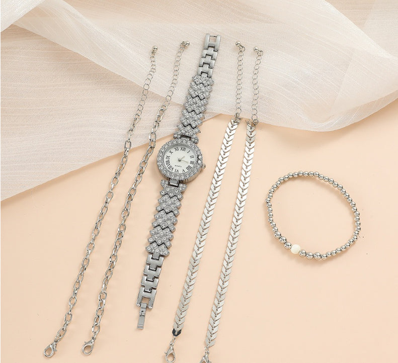 Silver-tone crystal watch with pearl-bead and chain bracelets, mixed link styles