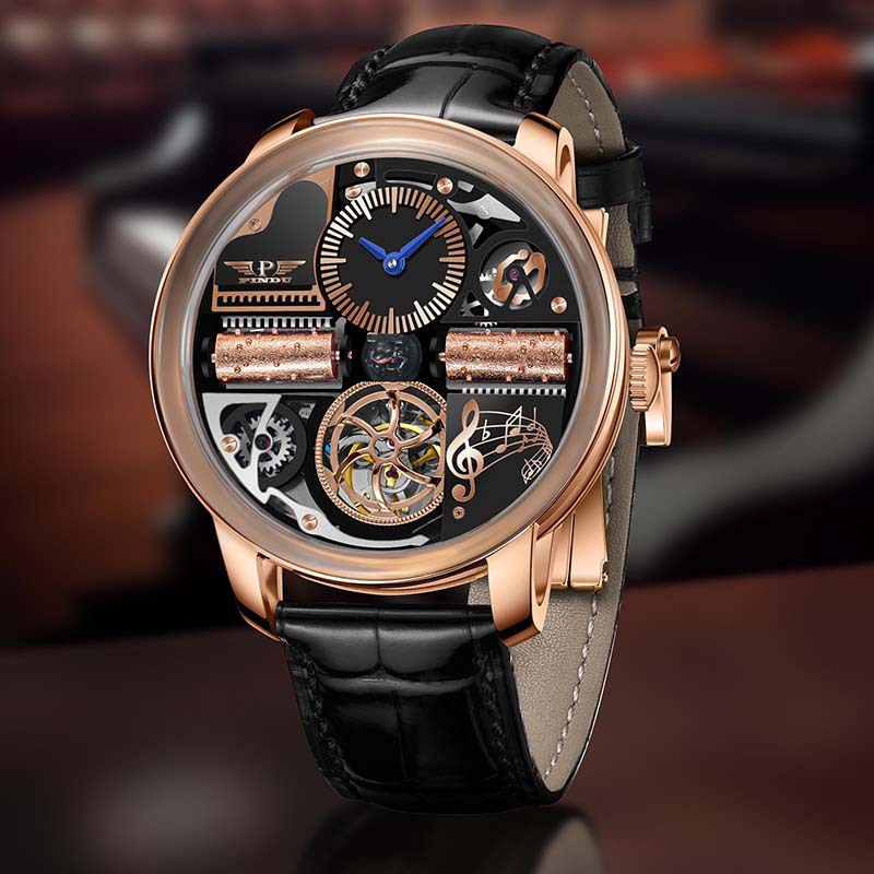 Rose gold skeleton mechanical watch with blue dial, black leather strap, ornate movement
